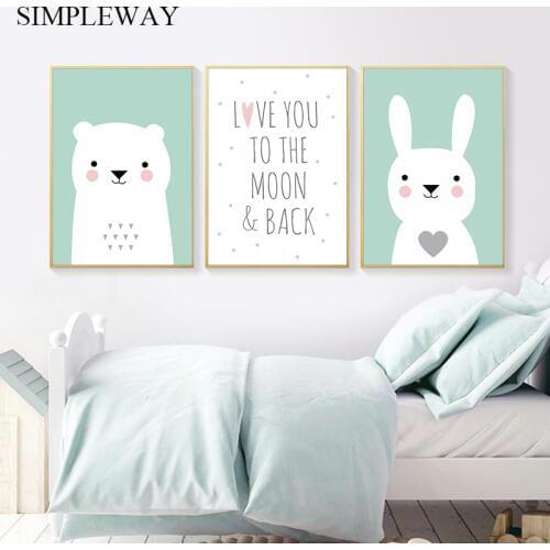 Cartoon Animal Bear Bunny Poster Nursery Art Print Wall Canvas Painting Nordic Kids Decoration Picture Baby Child Bedroom Decor