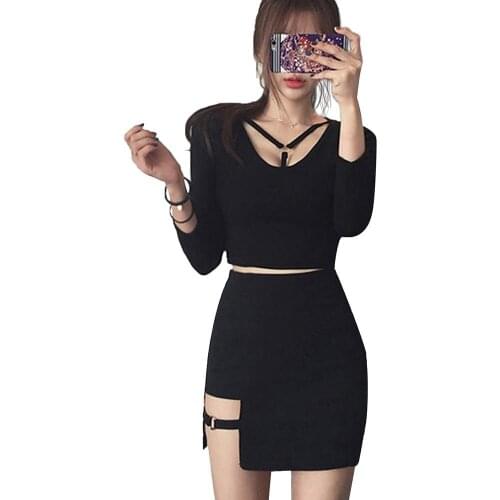 Fashion Women t-shirt Solid Color black Sexy female tshirts Hollow O Neck Long Sleeve Top Short Sweetgirls T-shirt