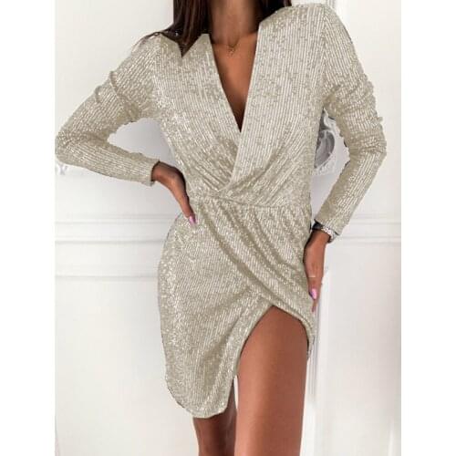 2021 New Sexy Deep V Sequined Wrap Bodycon Dress Autumn Solid Long Sleeve Irregular Dress Winter Split Night Club Party Vestidos