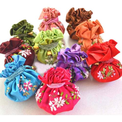 Wholesale 10PCS Mixed Color Handmade Embroidered Silk Jewelry Rolls Pouch Bags