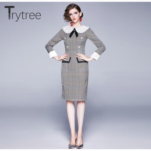 Trytree 2020 Autumn Winter Women Sweater Casual Dress Peter pan Collar Button Pockets Plaid Fashion Elegant Slim fit Dress