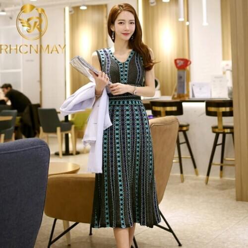 2020 Summer Fashion Plaid Knitted Dress Womens Sexy Sleeveless V-Neck Vest A-Line Dress Office Lady Elegant Long Dress