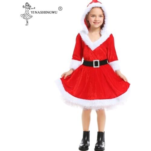 Baby Girl Christmas Santa Claus Cosplay Christmas Costume Suit Kids NewYear Childrens Clothing Hooded Dress + Belt 2pcs set