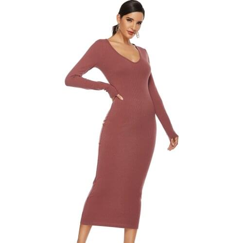 Sexy V-Neck Casual Slim Pencil Dress Women Autumn Winter Long Sleeve Elegant Solid Color Bodycon Knitted Sweater Midi Vestidos