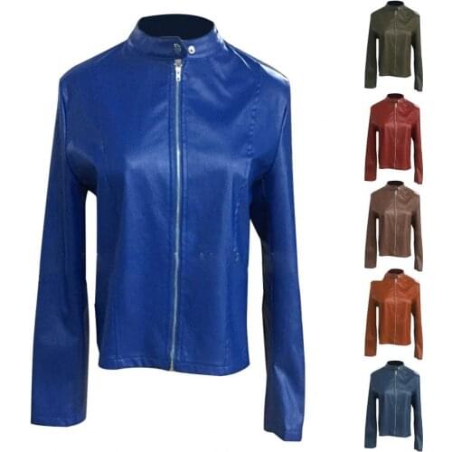 Zipper Closure Stand Collar Women Jacket Faux Leather Solid Color Slim Fit Windproof Jacket Outerwear