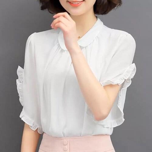 Chiffon Women Shirts Shirring Stand-Up Collar SleveeTemperament Loose Blouses Ruffle Femme Loose Casual Tops Blusas MM0981