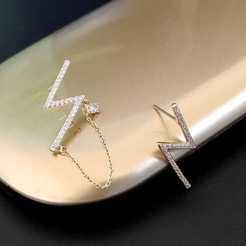 Statement Asymmetric Lightning Dangle Earrings for Women Mujer Shiny Full Rhinestones Chain Tassel Metallic Earring Jewelry