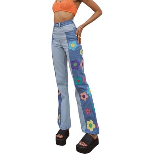 Womens High Waist Wide Leg Korean Denim Pants 2021 New Fashion Floral Embroidery Color Block Jeans Y2K Denim Pants Streetwear