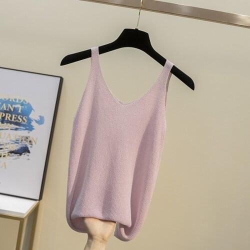 Women Sexy Knitted Tank Tops Gold Thread strapless Sequined V Neck Tank Solid Comfortable Sleeveless Camisole Tops Sweater Femme