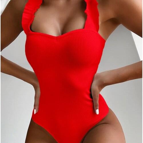 2021 Summer New Sexy Female Swimsuit Retro One-piece Ruffled Push Up Solid Solid Color Monochrome Swimsuit Ladies