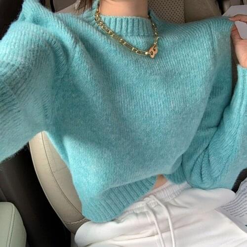 Woman Sweaters Chails Womens Sweater Autumn Winter round Neck Pullover Loose Padded Shoulder Short Knitted Long-Sleeved Top