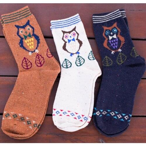 Women Cotton Wool Socks Cartoon Night Owl Soft Winter Socks 3-Pair Breathable Warm Casual Above Ankle Stockings Hosiery For Girl