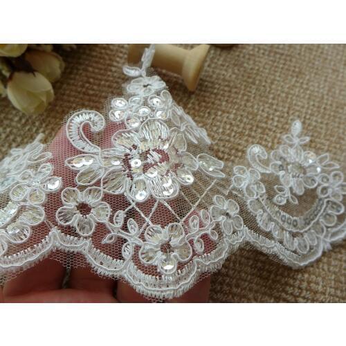 6 Yards 11.5cm Delicate Ivory Sequin Flower Alencon Lace Trim Applique Lace Guipure Pearls Cording Sewing Craft