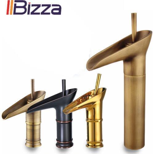 Waterfall Antique Faucets Bathroom Basin Faucet Black Brass Sink Mixer Hot and Cold Taps Wine Glass Style Retro Cascade Crane