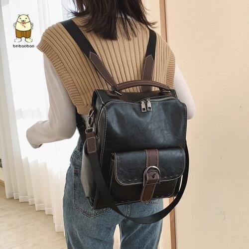 Beibaobao 2021 Vintage Travel PU Leather Backpack Large Capacity Backpack Women Backpack High Quality School Bags for Teenage