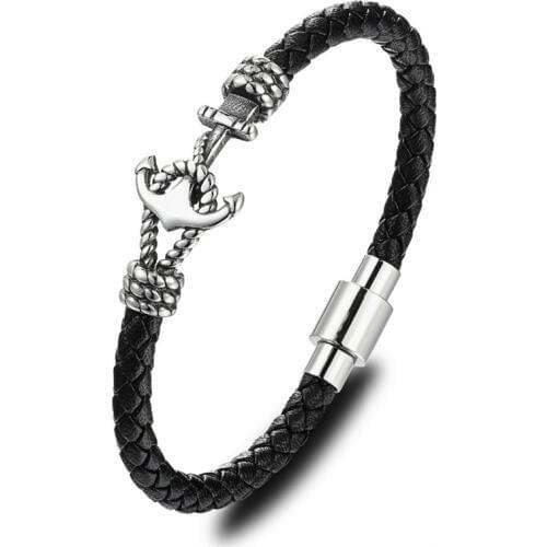 Stainless Steel Bracelet Mens Jewelry New Pattern Anchor Bracelet Punk Black Woven Genuione Leather Bracelet Vintage Gift