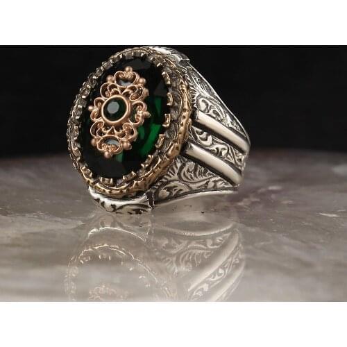 Zircon 925 Silver Engraved Traditional Handmade Turkish Signet Ring Jewelry Gift for Women Men