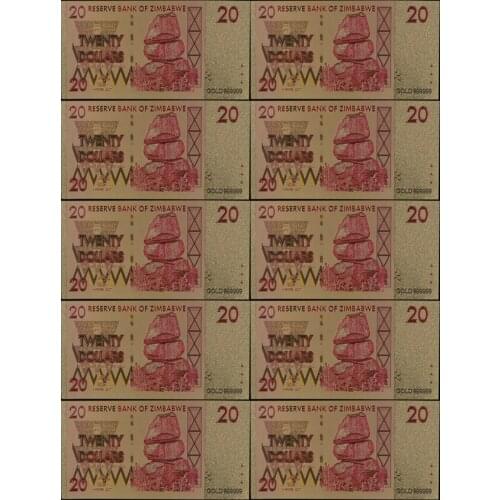 Colored Zimbabwe 20 Dollars 24K Gold Banknotes with 1 Certificate for Souvenir Gifts and Collection Golden Banknote