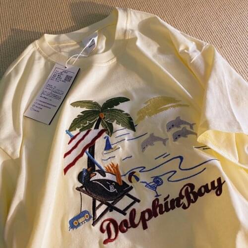 Cotton T Shirts Harajuku Embroidery Penguin Dolphin Coconut Tree Streetwear Tee Shirts Hip Hop Fashion Short Sleeve Summer Tops