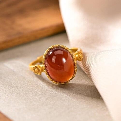 Natural Hetian Jade Palace Style Carnelian Ring Big Egg Noodles S925 Sterling Silver Ancient Gold Craft Female Ring Ornament