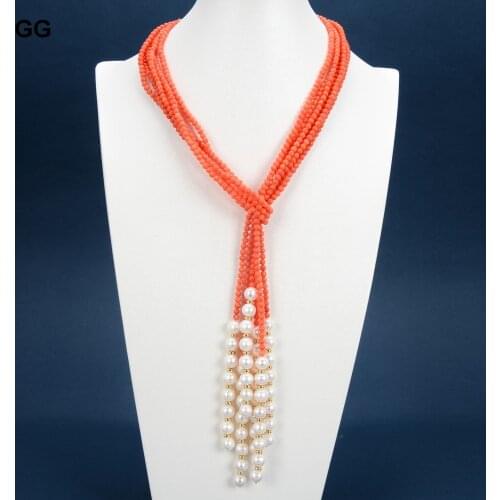 GG Jewelry 3 Strands 4mm Orange Coral Cultured White Pearl Lariat Long Sweater Chain Necklace Bracelet Earrings Sets For Women