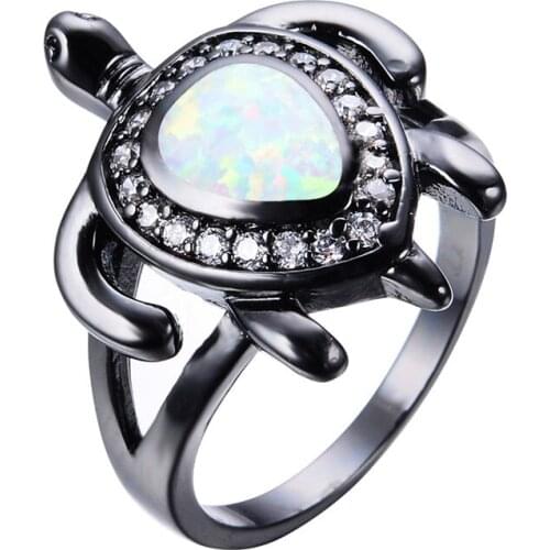 Cute Female Blue White Fire Opal Ring Vintage 14KT Black Gold Wedding Rings For Women Promise Love Turtle Animal Engagement Ring