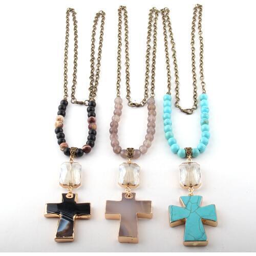 Fashion Bohemian Jewelry 8mm Stone and Chain Rectangle Crystal Link Cross Necklaces For Women Ethnic Necklace