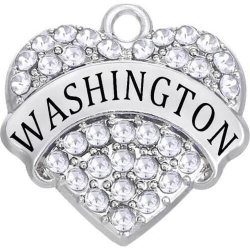 Fashion City Souvenir Jewelry Accessories WASHINGTON Rhinestone Crystal Inlay Heart Shaped Metal Pendant wholesale