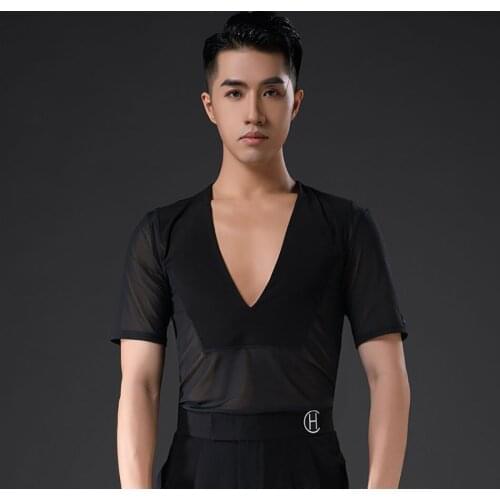 New MA5031 Male Deep V Collar Latin Dance T Shirt 2021 Balck Men Latin Dancing Tops for Samba Tango Chacha Practice Costume