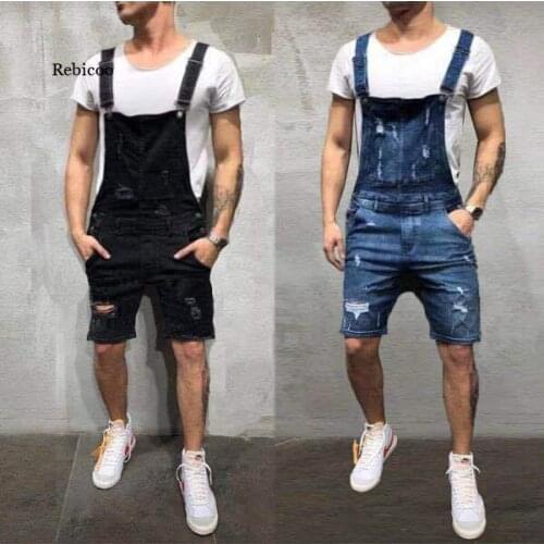 Mens Camisole Cowboy Cloth Even Denim Pants Tearing Shorts Jeans Male Slim Fit Strap Jumpsuit