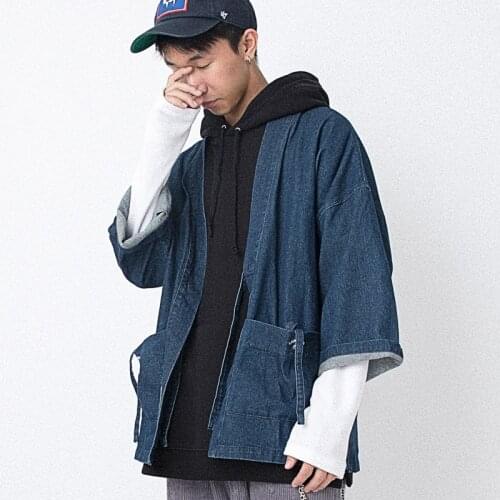 MenS Cotton Kimono Loose Cardigan Solid Color Outerwear Vintage Chinese Style Male Jacket Fashion Denim Casual Overcoat 30122