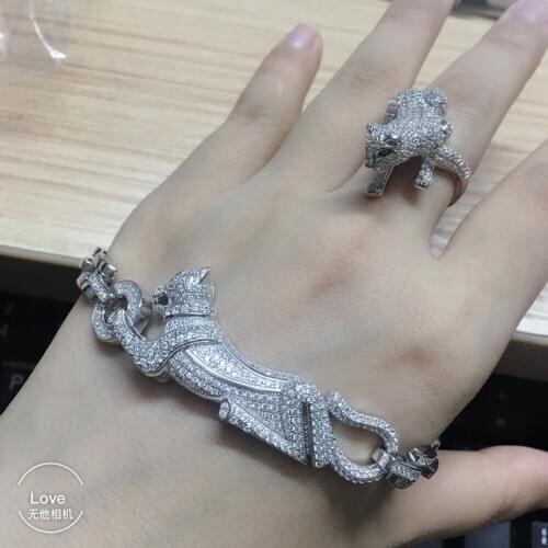 925 Sterling Silver Jewelry For oouple Panther bracelet Full Stone Leopard bracelet ring set Wedding Jewelry Big Chain set