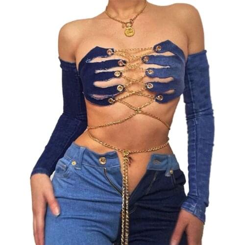 2021 Newest Lace Up Mental Chain Denim Jeans Tank Tops Slim Sexy Hollow Out Bandage Crop Tops for Women Backless Off-shoulder