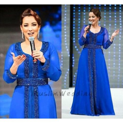 Luxury Royal Blue Arabic Prom Dresses Scoop Long Sleeve Beaded Muslim Evening Dress 2020 Plus Size Celerbity Women Party Gowns