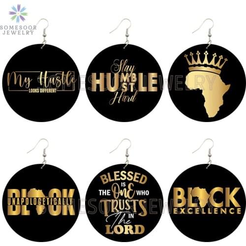 SOMESOOR Unapologetic Black Excellence Printed African Wooden Drop Earrings Golden Color Blessed Hustle Loops Dangle For Women