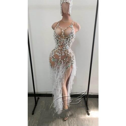 Modern Singer Costume Nude Dress Pearl Fringe White Fluffy Skirt Tassel Headdress Party Dj Ds Gogo Dance Rave Clothes VDB3333