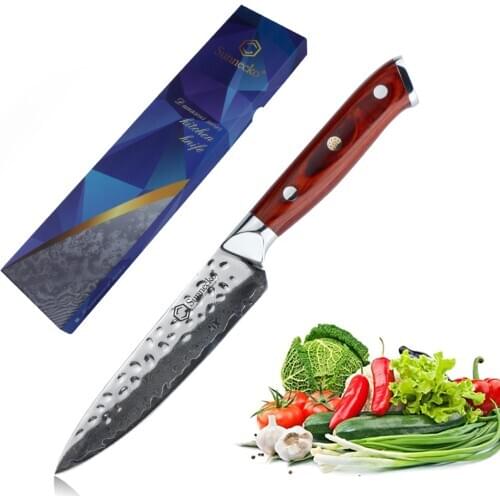 Sunnecko 5" Utility Knife Damascus Steel Hammer Blade Japanese Chef Kitchen Knives Color Wood Handle Sharp Fruit Cutting Tools