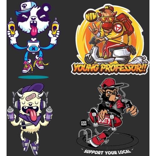 Hip hop Cute cow Heat transfer washable Stripes Cool monkey skateboard heat-sensitive patches stickers on clothes patches