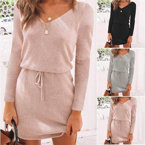 V Neck Women Sashes Long Sleeve Casual Dress Pink Black Gray Slit Mini Autumn Winter Knitted 2021 Warm Short Dresses