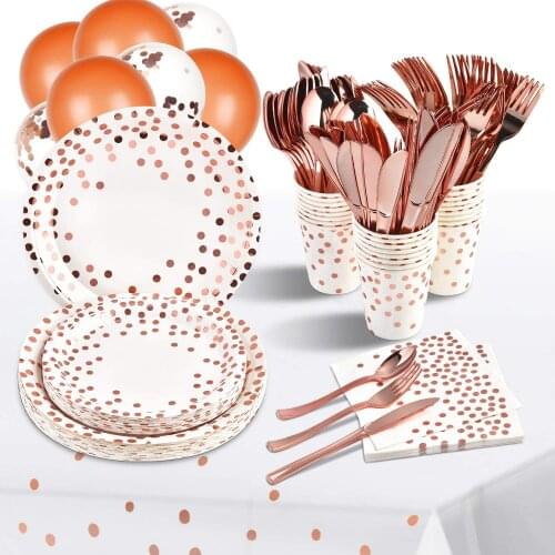 White Rose Gold Party Supplies Tableware Disposable Dinnerware Sets Paper Plates Cups for Wedding Bridal Baby Shower Birthday