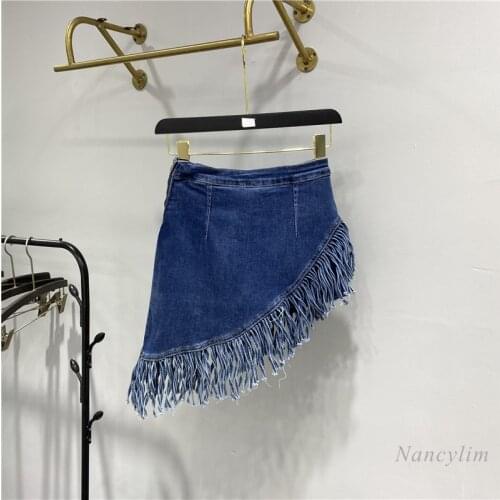 2021 Summer Tassel Irregular A- Line High Waist Skirt Womens New Fashion All-Matching Temperament Slim Fit Blue Jean Skirts