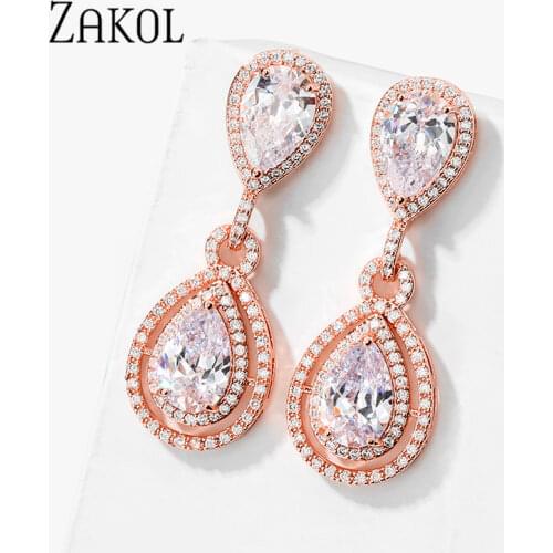 ZAKOL Luxury Temperament Water Drop CZ Earrings for Women Gifts Long Style Dangle Earring Cubic Zirconia Wedding Jewelry