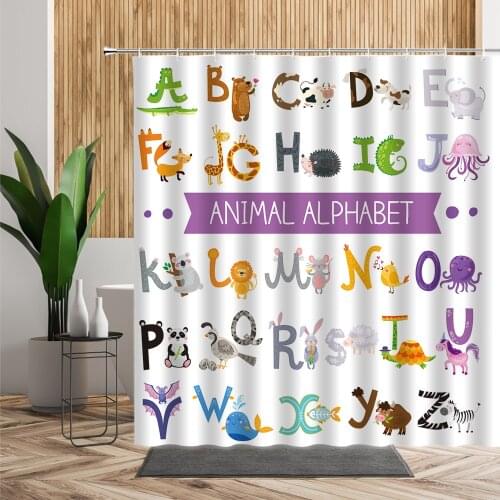 Cute Animal Alphabet Bathroom Shower Curtain Cartoon Bear Giraffe Lion Letter Printed Fabric Waterproof Kids Bath Curtains Decor
