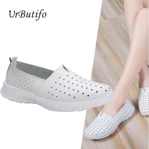 Urbutifo White Hollow Leather Loafers Women Zapatos Mujer 2019 Moccasins Shoes Genuine Leather Women Flats Big Size 35-42