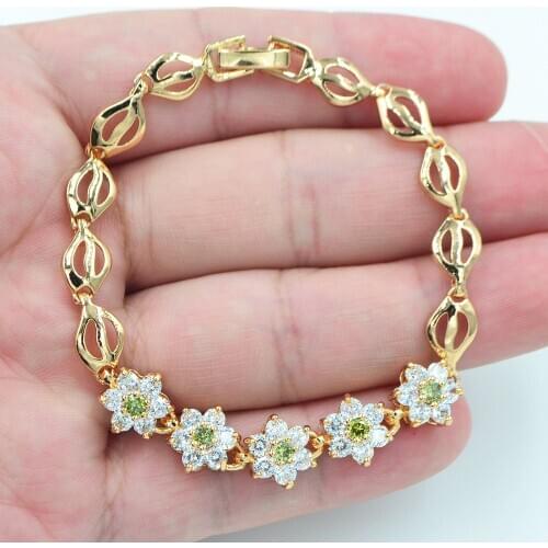 Gold Color AAA+ Cubic Zirconia Women Cute Green CZ Flower Charm Bracelet Jewelry