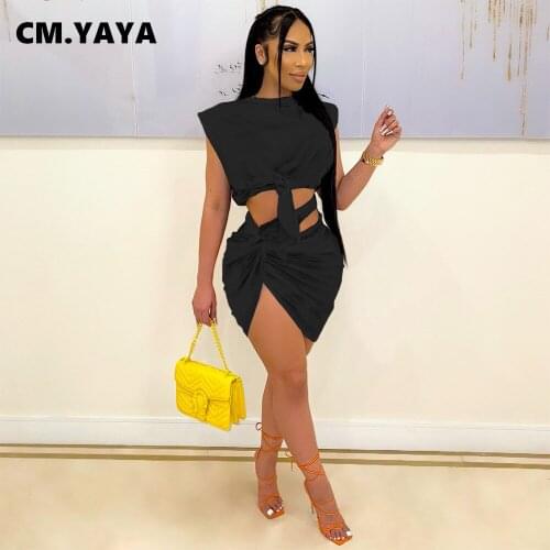 CM.YAYA Women Set Solid Sleeveless Bandage Crop Tops Asymmetrical Mini Skirts Two 2 Piece Sets Sexy Fashion Outfit Summer 2021