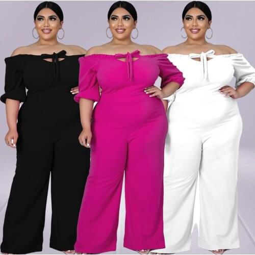 Plus Size Women Clothing Jumpsuit Solid Off Shoulder Wide Leg Stretch Elegant Ribbing One Piece Outfit Wholesale Dropshipping