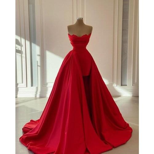 Elegant Short Prom Dresses with Detachable Train Strapless Red Women Party Gowns Applique 2021 robe de soirée de mariage