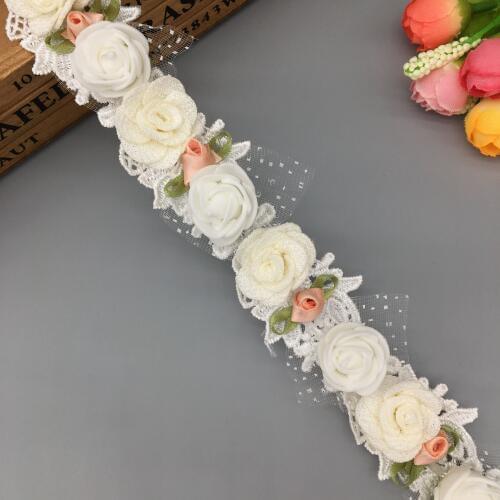 1 yd French Lace Fabric 3D Foam Rose Flower Lace Trim Embroidered Ribbon Fabric Handmade Sewing Craft For Costume Hat Decoration