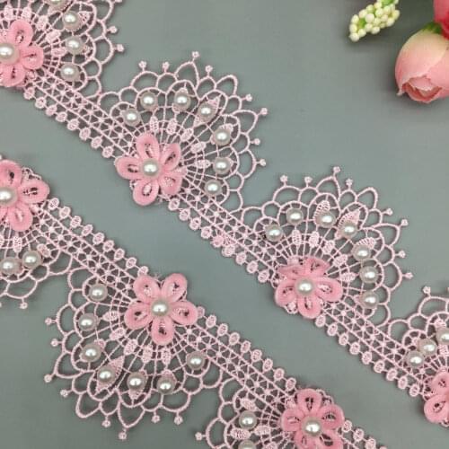 1 yard 4cm Pink Peacock Pearl Beaded Flower Embroidered Lace Trim Ribbon Applique DIY Wedding Dress Sewing Craft Decoration